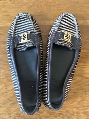 Tory Burch Black & White Striped Loafers